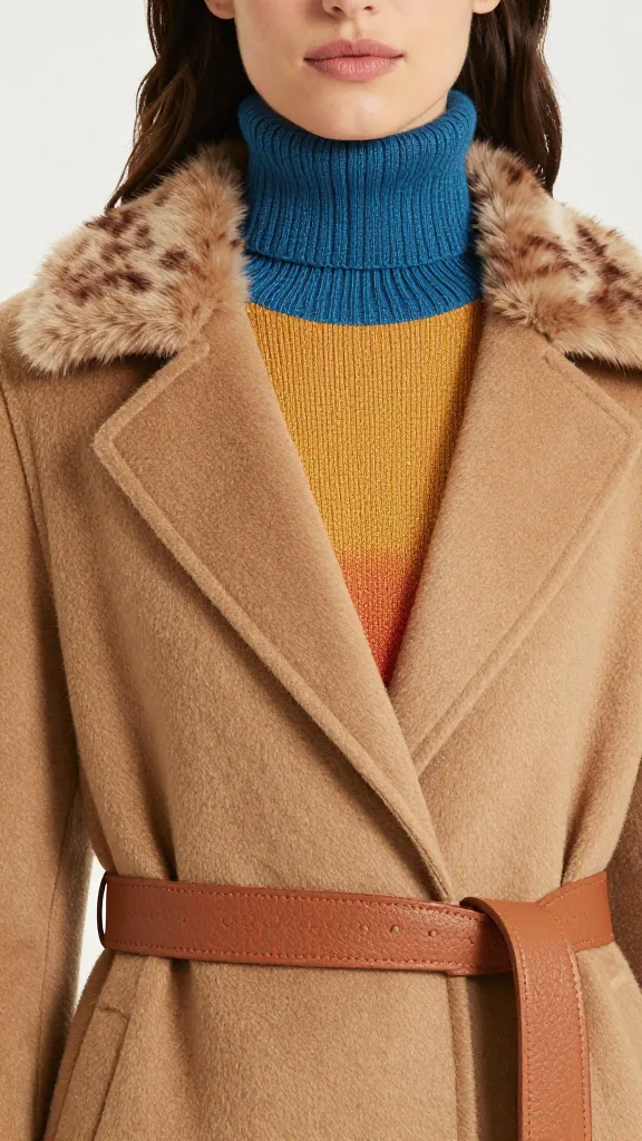 Close-up portrait of a woman in a color-blocked knit turtleneck under a camel wool coat, with a textured faux leather belt and a faux fur collar detail; neutral makeup, gentle backlight highlighting fabric textures.