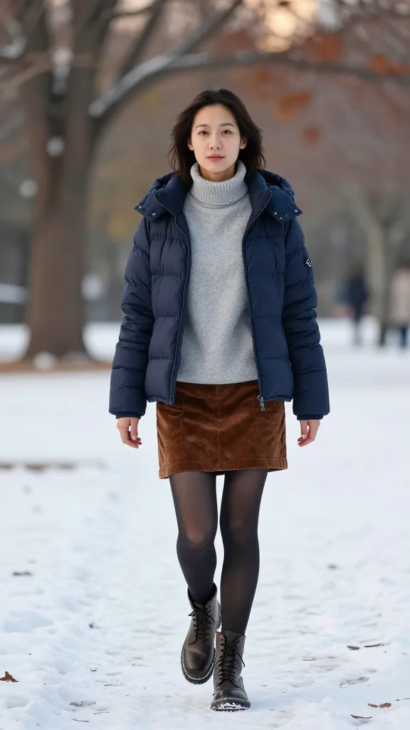 Woman walking through a park in late afternoon wearing a heather gray fleece mid-layer, a navy blue puffer jacket, corduroy brown skirt, opaque tights, and lace-up combat boots, soft snow on ground, muted colorful trees.