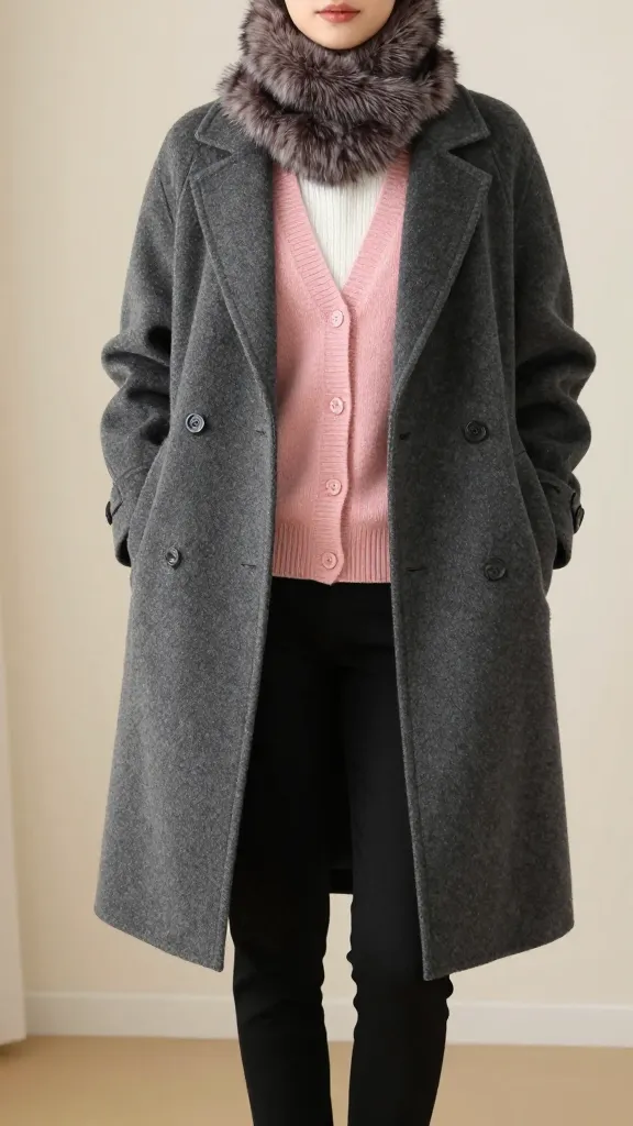 Indoor fashion look: woman posing in a soft pink cardigan layered over a white knit base, under a structured charcoal wool coat, with a faux fur trimmed scarf and slim black trousers, warm studio lighting and minimalist backdrop.