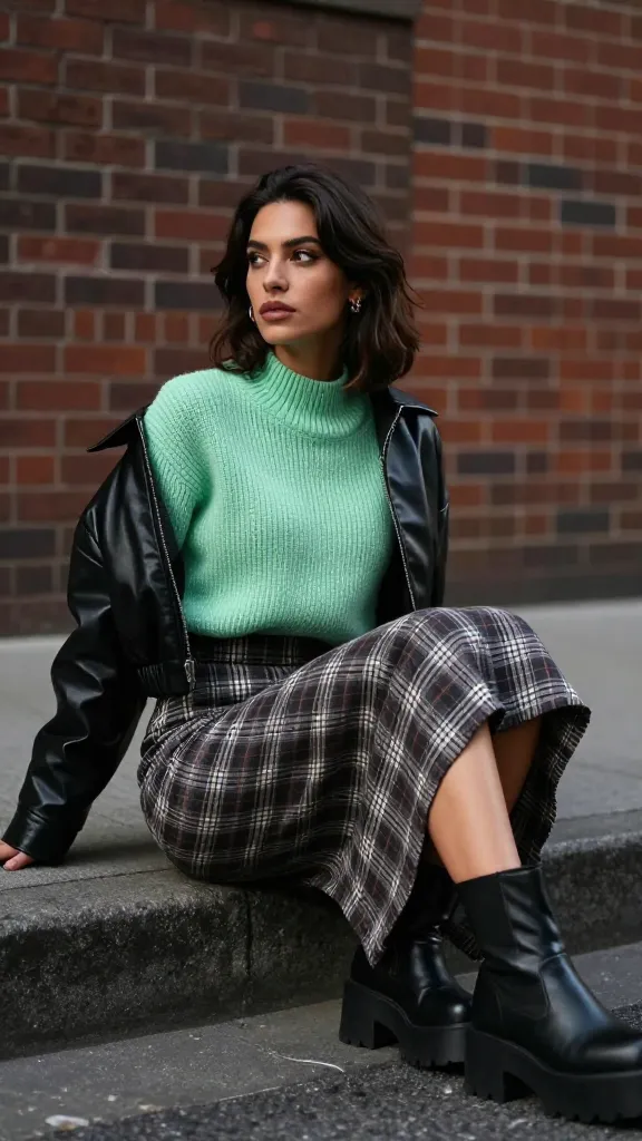 Dynamic street style: woman sitting on a curb in a mint green ribbed knit sweater, a black cropped jacket with faux leather sleeves, a high-waisted plaid midi skirt, and chunky platform boots, urban brick wall background, moody cinematic tones.