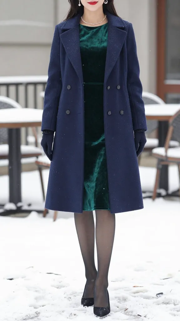 Winter gala-inspired outfit: woman in a knee-length velvet emerald dress under a tailored midnight blue wool coat, delicate pearl jewelry visible, sheer tights, pointed-toe heels, wool gloves, snowy outdoor terrace setting.