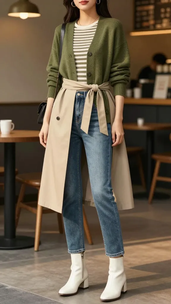 Everyday chic: woman in an olive green cardigan over a striped thermal tee, a beige trench coat tied at the waist, slim denim jeans, and white block-heel ankle boots, coffee shop backdrop, warm golden light.