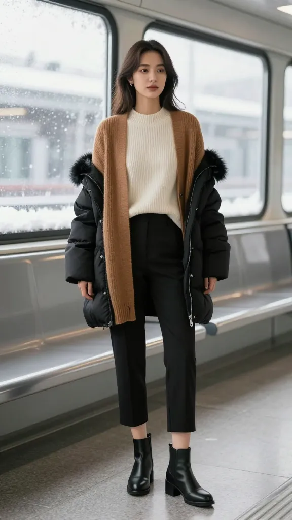 Cozy commuter look: woman in a ribbed cream sweater, oversized caramel cardigan, black puffer with fur trim, tailored culottes, and heeled ankle boots, modern transit station interior, frost lightly dusting windows.