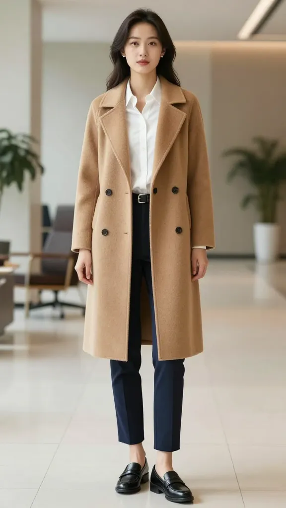 A woman in a camel wool-blend midi coat, tailored fit, navy slim trousers, crisp white button-down, black loafers, slim leather belt, standing in a modern office lobby with soft natural light (no text on image).