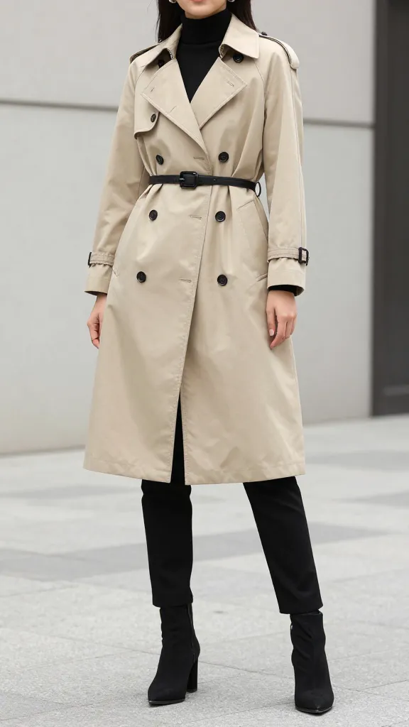 A woman wearing a classic beige trench coat with clean lines, black cigarette pants, pointed-toe ankle boots, and a slim black belt, posing against a neutral urban backdrop.