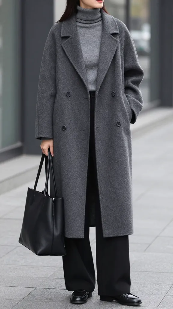 A woman in a charcoal minimalist longline coat, pairing with a monochrome outfit (gray turtleneck and black wide-leg trousers), loafers, and a structured tote, standing on a city sidewalk.
