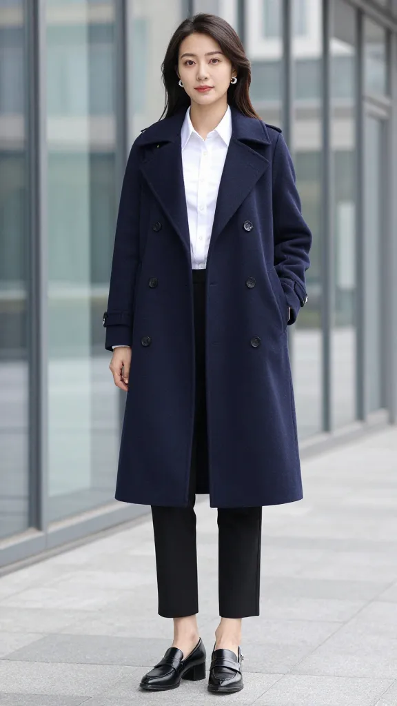 A woman in a navy wool-blend midi coat, crisp white shirt peeking out, black tailored trousers, and black heeled loafers, posing in a glass-walled hallway.