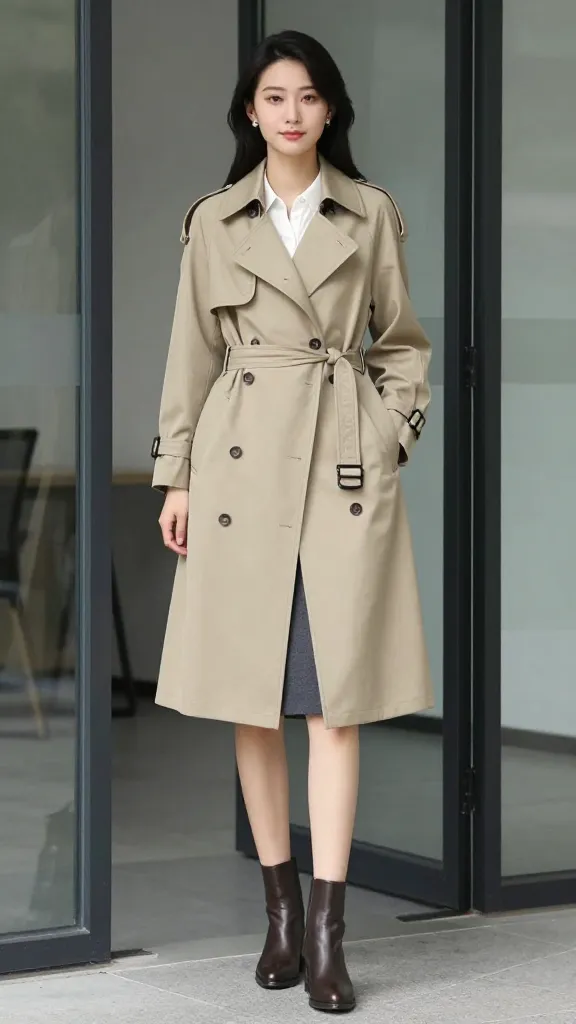A woman wearing a structured trench coat with belt tied, in a sand tone, with a charcoal pencil skirt and white blouse, sleek ankle boots, photographed near a modern office door.