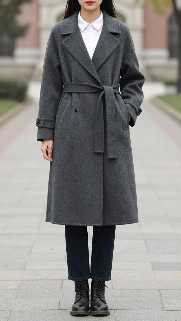 A woman modeling a charcoal wool coat with a defined waist belt, paired with a white button-down, dark straight-leg jeans, and lace-up boots, standing on a university campus path.