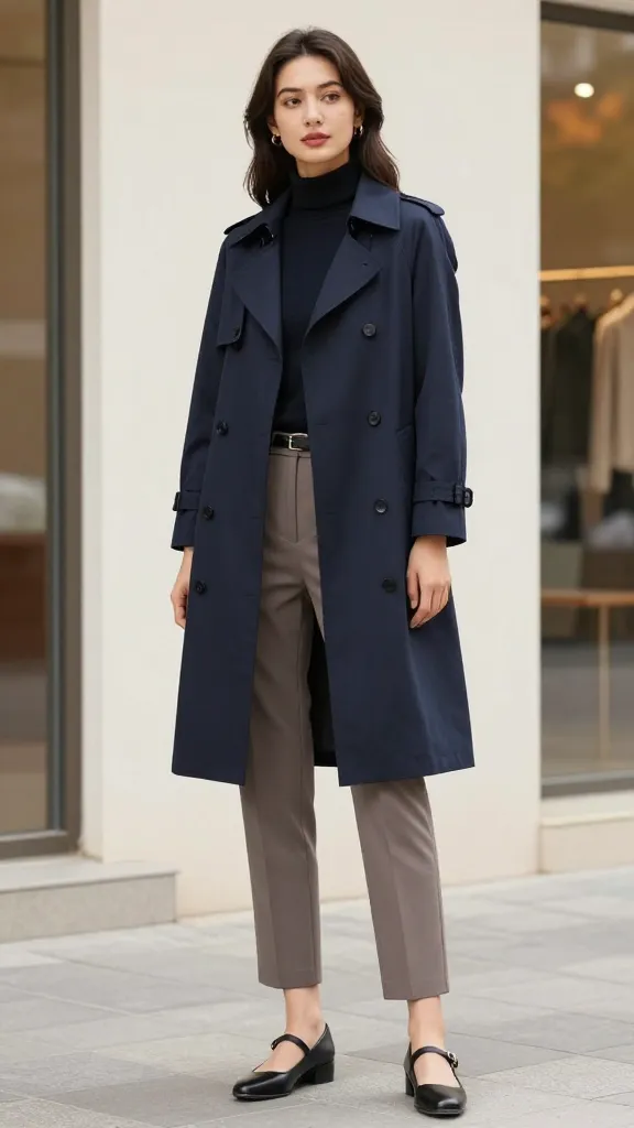A woman in a navy trench coat, slim-fitting taupe trousers, black mary-jane flats, and a slim belt, posed against a clean storefront backdrop with soft autumn lighting.