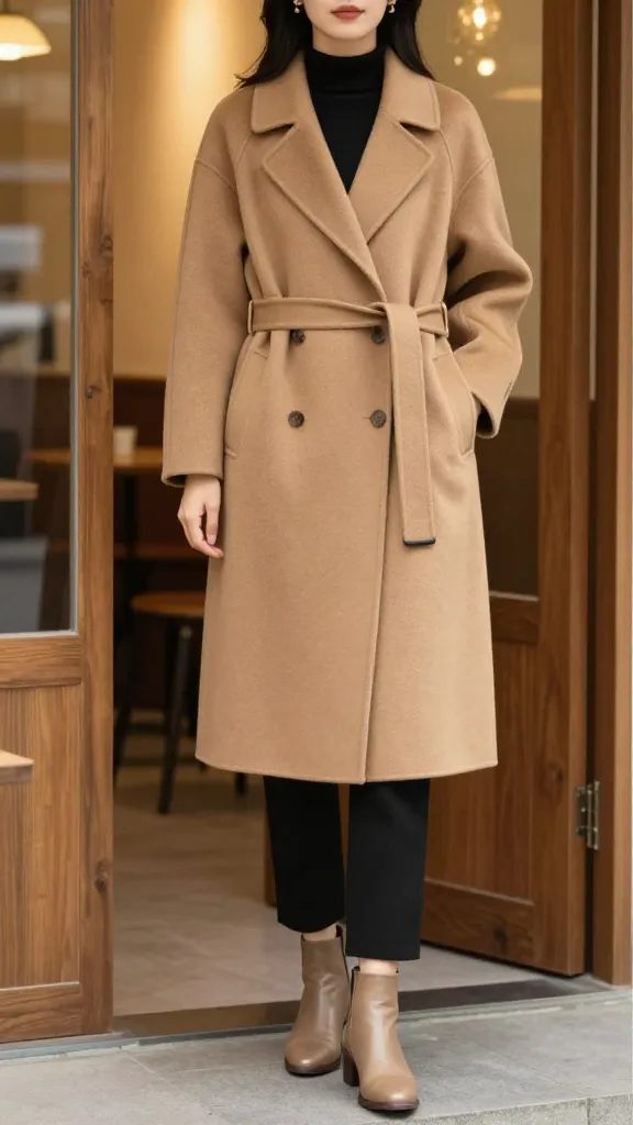 A woman wearing a camel-toned wool coat with a subtle belt, paired with black ankle-length trousers and camel ankle boots, standing at a coffee shop entrance with warm lighting.
