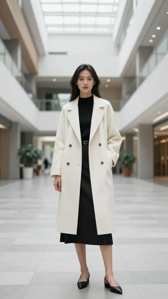A woman in a minimalist off-white longline coat, black top, and black midi skirt, pointed-toe flats, and a slim belt, posing inside a modern campus atrium with natural skylight.