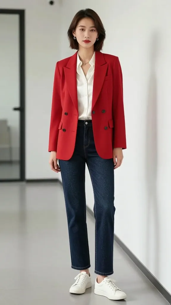 A stylish woman in a tailored bold-red blazer over a white silk blouse and straight-leg dark jeans, neutral minimalist white sneakers, standing against a clean office hallway with soft natural light.