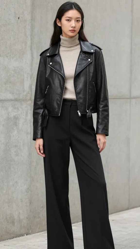 A female model wearing a classic black leather biker jacket with subtle hardware, layered over a beige turtleneck and high-waisted wide-leg trousers, posing against a concrete urban backdrop.