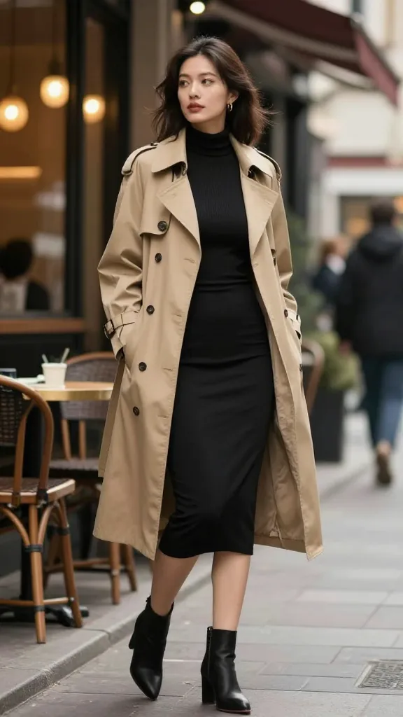 A woman in a camel trench coat over a fitted black midi dress and heeled ankle boots, standing beside a cafe with warm exterior lighting and blurred pedestrians in the background.