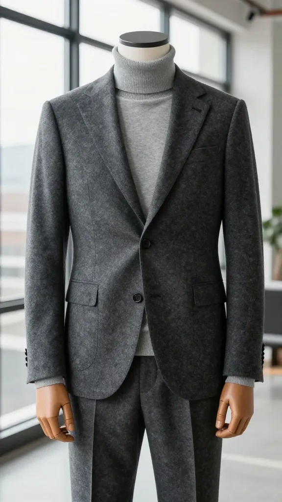 A model in a wool charcoal-gray blazer with a single-bullet button, paired with a light gray turtleneck and tailored trousers, in a sleek modern loft setting with large windows.