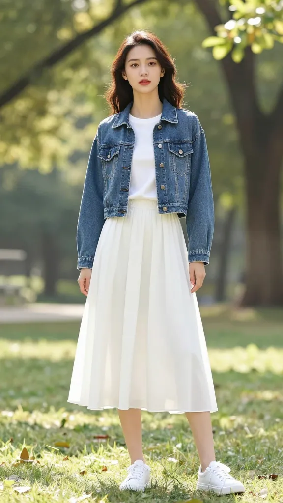 A woman wearing a cropped denim jacket over a simple white tee and a flowing midi skirt, with white sneakers, posing in a sunlit park with softbokeh trees.