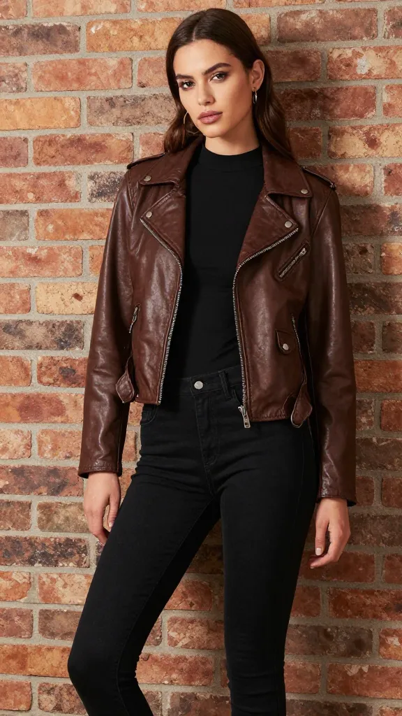 A female model in a rugged chocolate-brown leather biker jacket with minimal hardware over a black mock-neck top and slim black jeans, leaning against a brick wall.