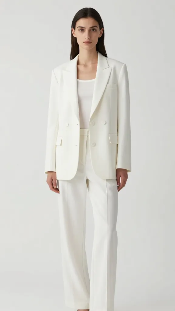 A woman in a minimalist white structured blazer over a monochrome monochrome outfit (white top, white trousers), standing in a bright studio with clean lines and soft shadows.