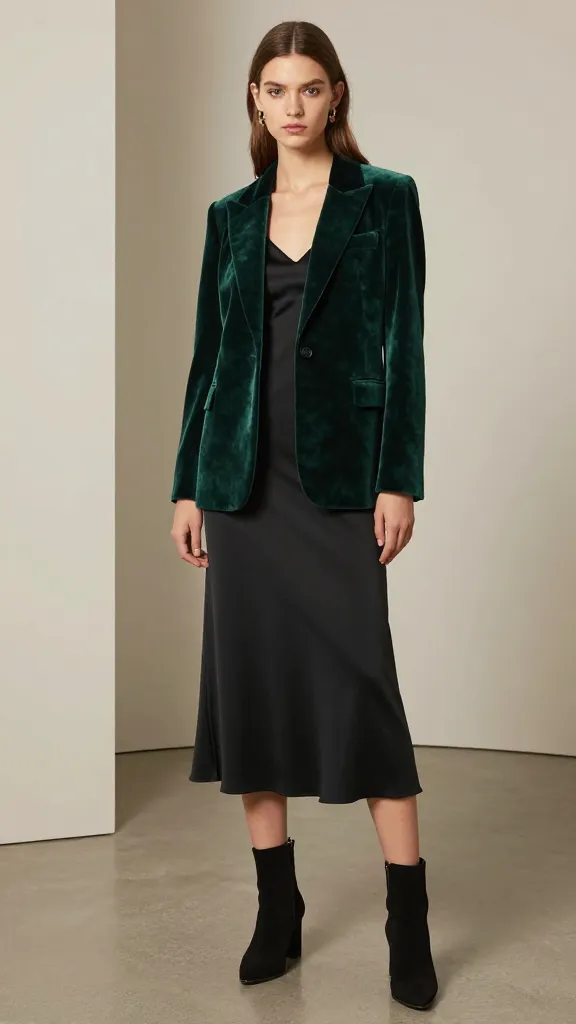A model wearing a statement velvet blazer in deep emerald over a black slip dress, paired with heeled boots, standing in a gallery-like space with neutral walls.