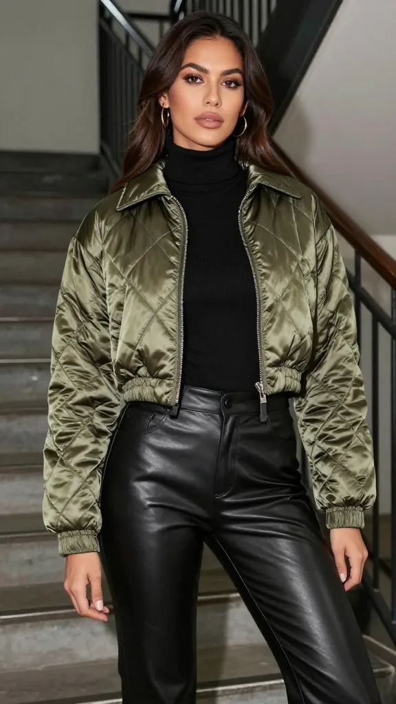 A woman in a quilted cropped jacket in metallic olive over a sleek black turtleneck and high-waisted leather-look pants, in an urban stairwell with industrial railings.