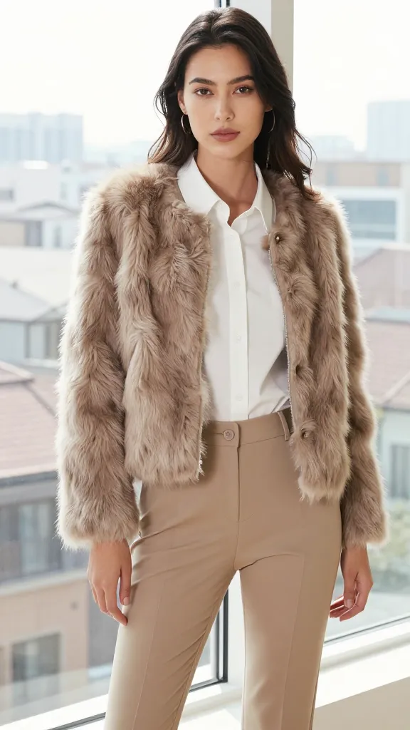 A female model sporting a faux-fur trimmed jacket in taupe layered over a crisp white shirt and tailored beige pants, posing near a large window with natural daylight and a view of city rooftops.