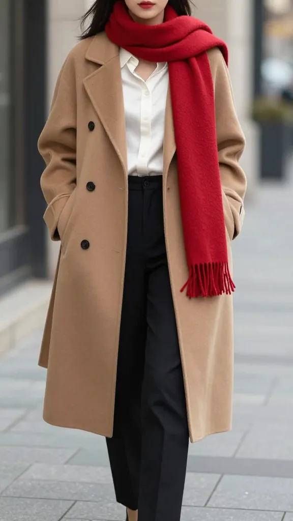 A stylish woman wearing a long camel wool coat with a white satin blouse peeking at the collar, paired with tailored black trousers, standing on a city sidewalk with a bold red scarf draped over one shoulder as the focal accessory.