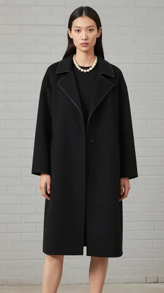 A female model in a knee-length black satin-trimmed coat, monochrome all-black outfit underneath, and a chunky pearl necklace as the single color pop, posing against a minimalist urban brick background.