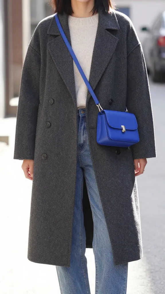 A woman in a charcoal oversized coat layered over a pale knit sweater and straight-leg jeans, with a bright cobalt blue crossbody bag as the statement accessory, photographed in a sunlit alley.