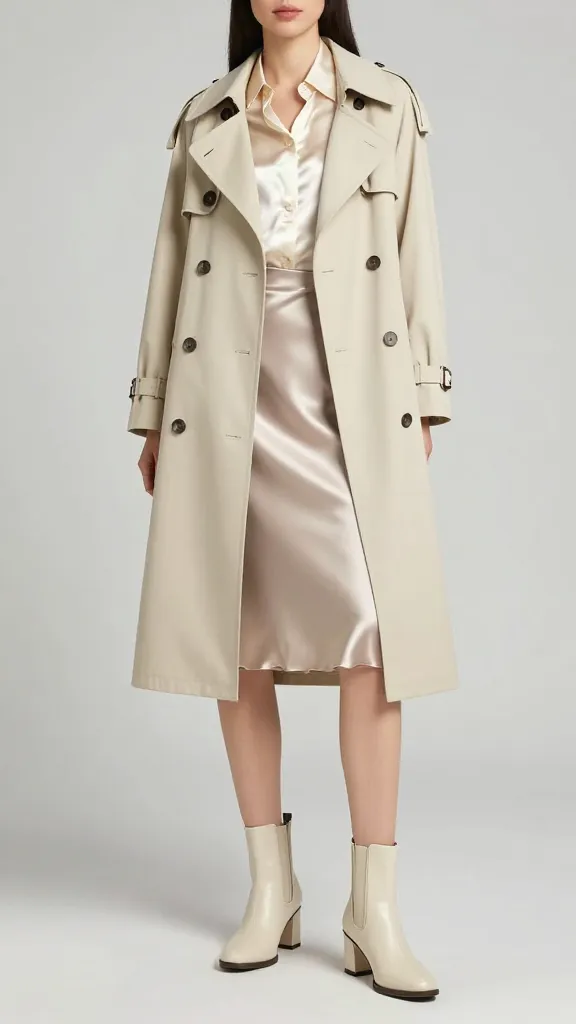 A model wearing a creme trench-style coat with a glossy satin blouse and satin-slip skirt peeking from underneath, finished with heeled ankle boots, photographed against a clean studio backdrop.
