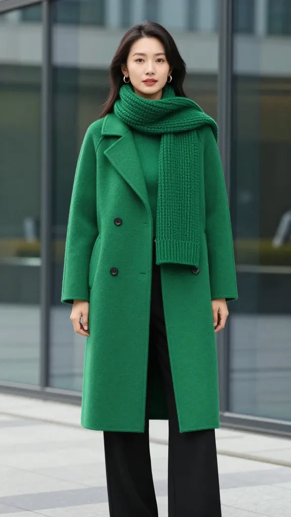 A woman in a rich emerald green wool coat paired with a matching knit scarf, black wide-leg trousers, and gold hoop earrings, standing in front of a modern glass building to emphasize color cohesion.