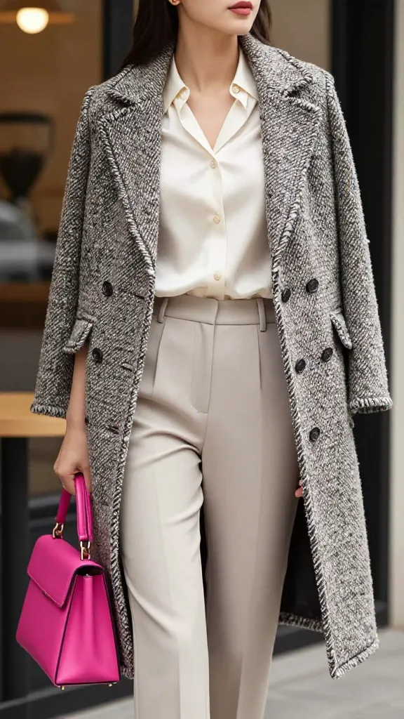 A fashion-forward shot of a woman in a textured tweed coat, a silk ivory blouse, and a pair of tailored trousers, with a vivid fuchsia handbag as the bold accent, posed near a coffee shop exterior.