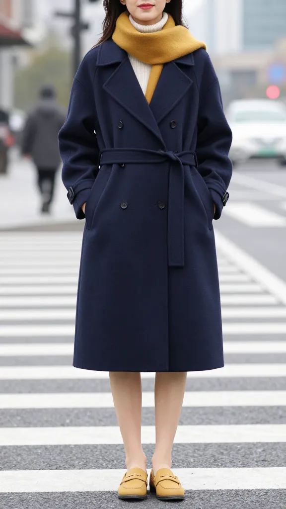 A woman in a navy belted coat over a cream turtleneck, with a contrasting mustard-yellow scarf and matching loafers, standing at a crosswalk with a soft bokeh city background.