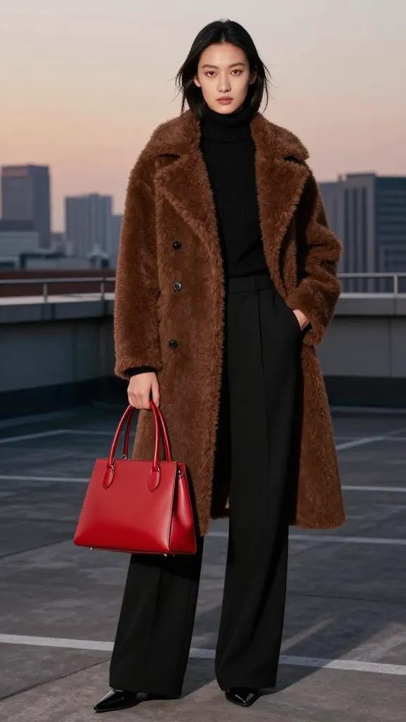 A model wearing a boxy brown shearling coat, a black turtleneck, and wide-leg black trousers, with a single bold red handbag as the focal accessory, posed on a rooftop with a skyline at dusk.