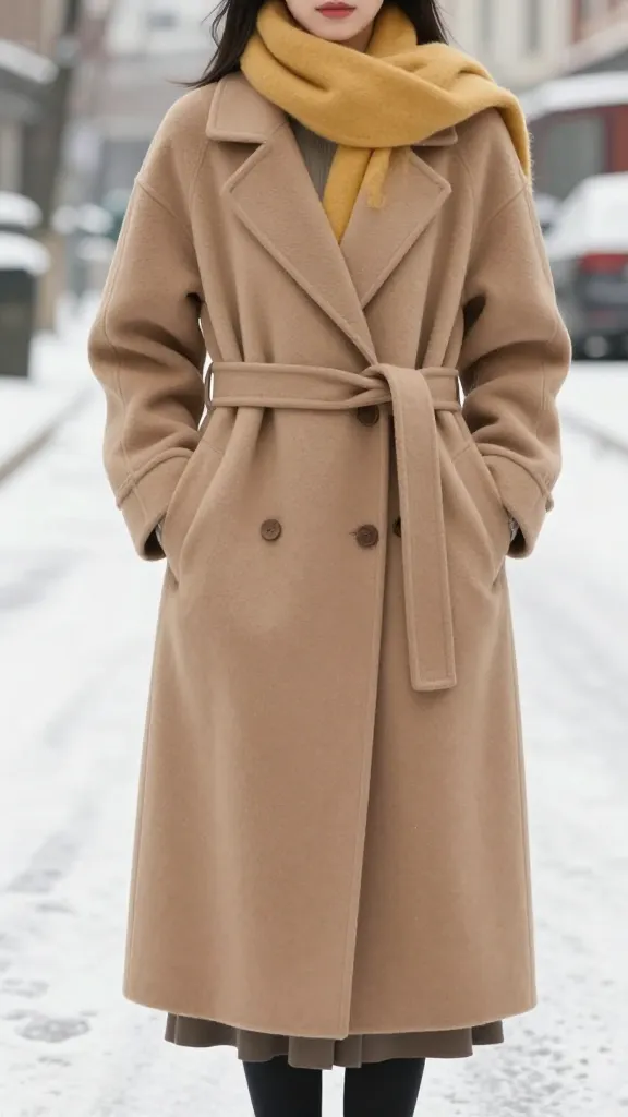 A woman modeling a long, structured camel wool coat with a wide belt cinching the waist over a layered outfit, standing in a snowy urban street, soft natural light, neutral tones with a pop of color from a bright scarf.