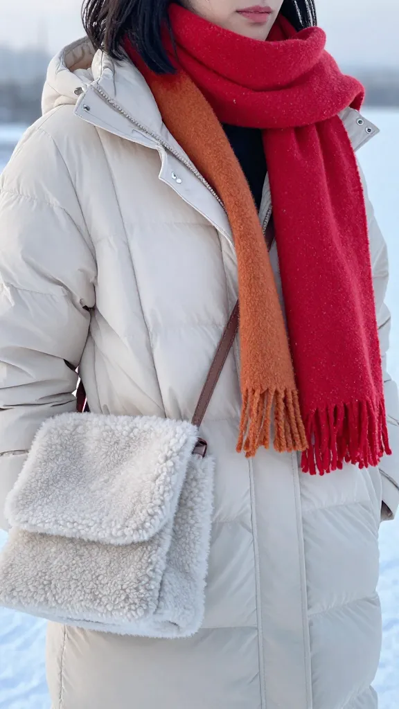 Close-up of a woman in a puffer coat with visible quilting and a bold colored scarf peeking out, styling accessories including a textured faux shearling bag, in a frosty morning setting.