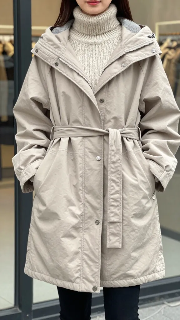 A woman wearing a belted oversized parka with a chunky knit mid-layer underneath, standing against a glass storefront, camera at mid-chest height to highlight the belt detail and silhouette.