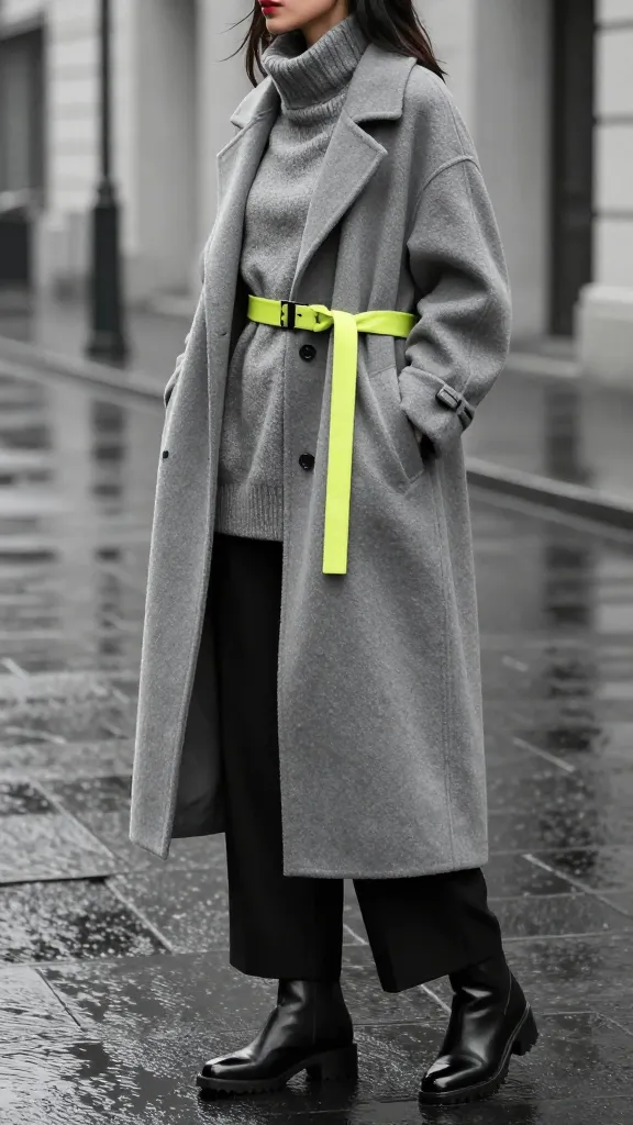 A woman in a monochrome layered outfit: base layer, slouchy mid-layer, and a bright colored belt over a long coat, posed in profile against a rain-soaked urban backdrop with reflective surfaces.