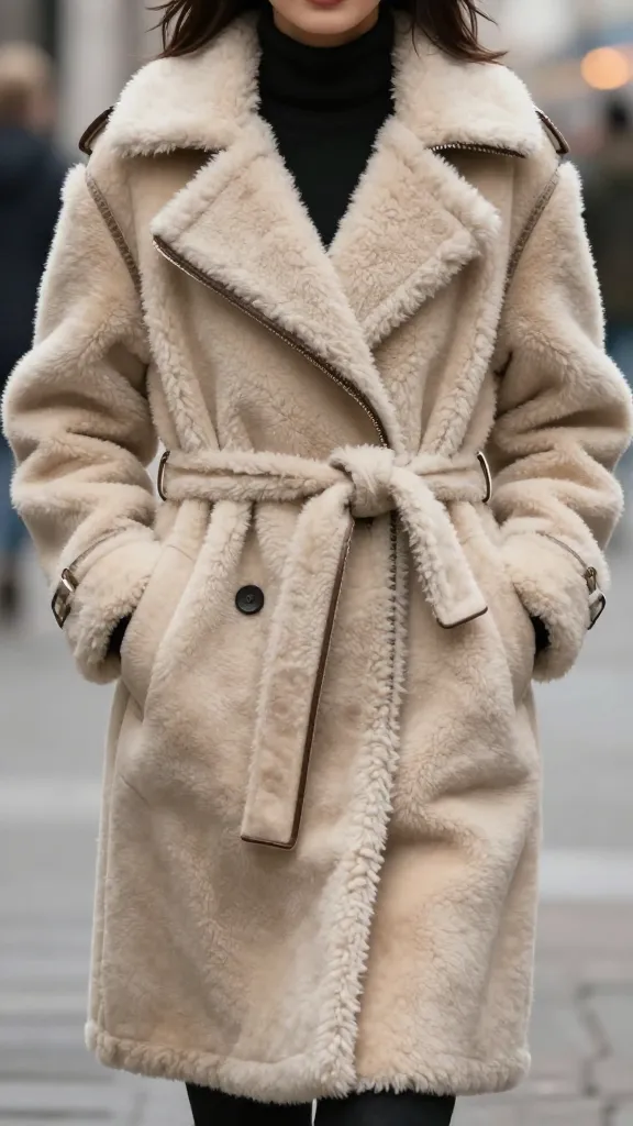 Dramatic close-up of a woman wearing a faux shearling-lined coat with a belt at the waist, focus on texture and trim details, hands in pockets, winter street scene behind.