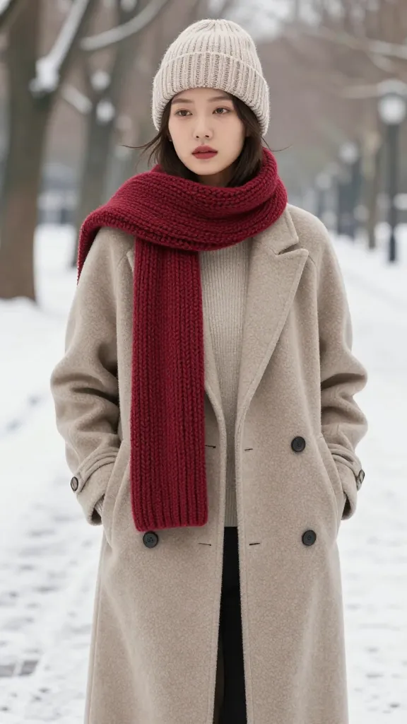 A stylish winter outfit showing a neutral base with a pop of color in a chunky knit scarf and beanie, over a tailored wool coat with a structured silhouette, standing beside a snow-covered park path.