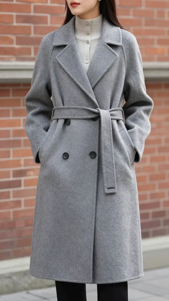 A woman in a tailored mid-length wool coat with visible belt over a soft belted cardigan, posing in front of a brick urban backdrop with subtle architectural lines to emphasize clean silhouette.