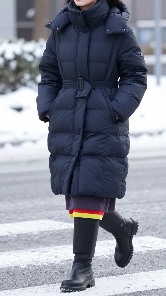 An action-shot street style image of a woman in a puffer with a cinched waist belt, layering with a slouchy mid-layer and a bright belt visible at the hem, mid-stride on a snowy crosswalk.