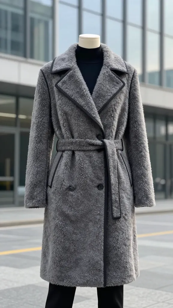 A refined outfit featuring a textured faux shearling coat with contrasting piping, a slim belt over the coat, and a sleek base layer, posed in front of a modern glass building with soft winter light.