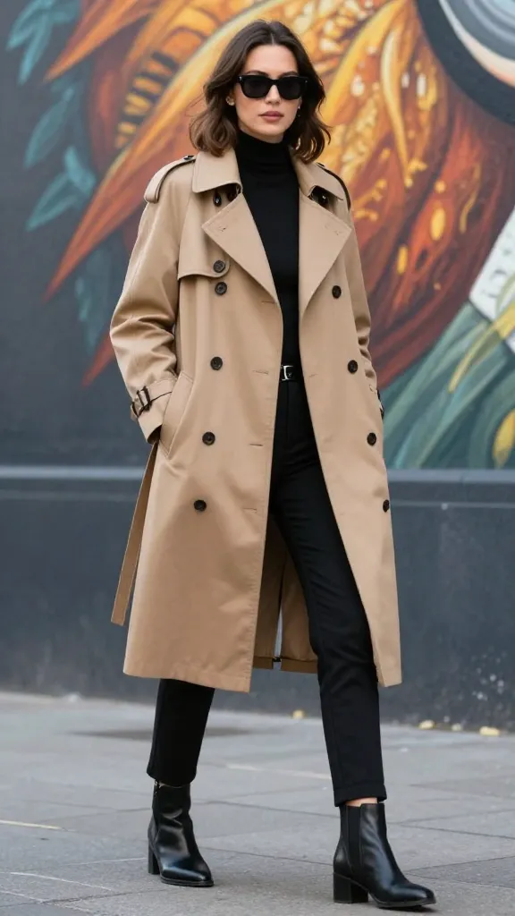 A chic street-style scene featuring a stylish woman wearing a camel trench coat, slim black trousers, and ankle boots, standing against a city mural with warm autumn foliage in the background; natural lighting, no text.