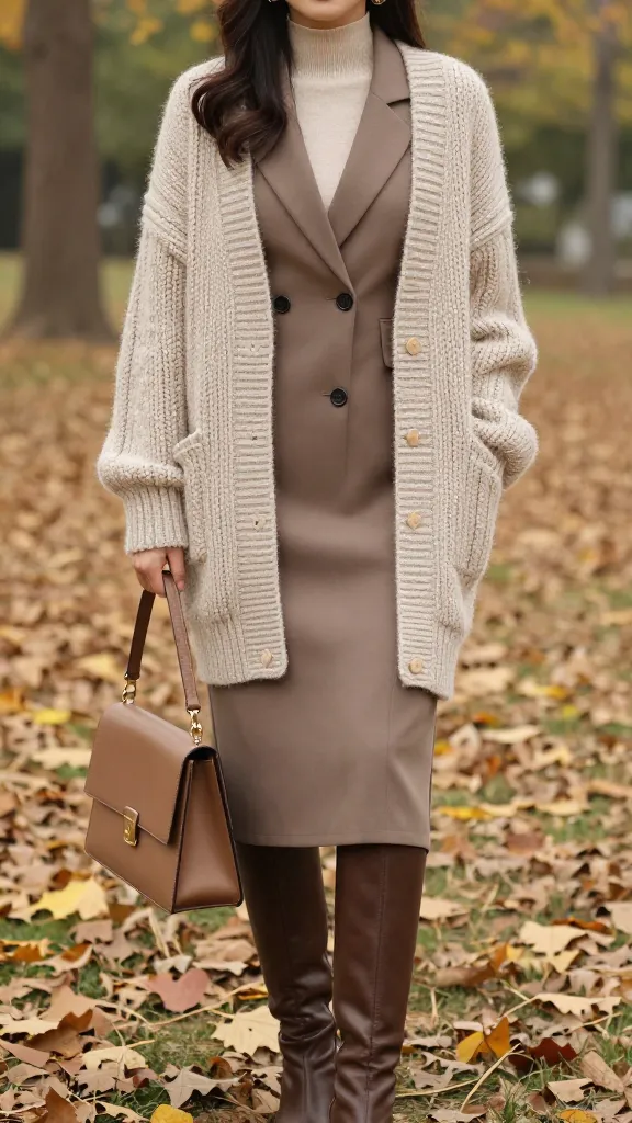A cozy fall look: woman in a chunky knit cardigan styled over a tailored blazer and midi dress, with knee-high boots and a structured handbag, posed against a park setting with fallen leaves.