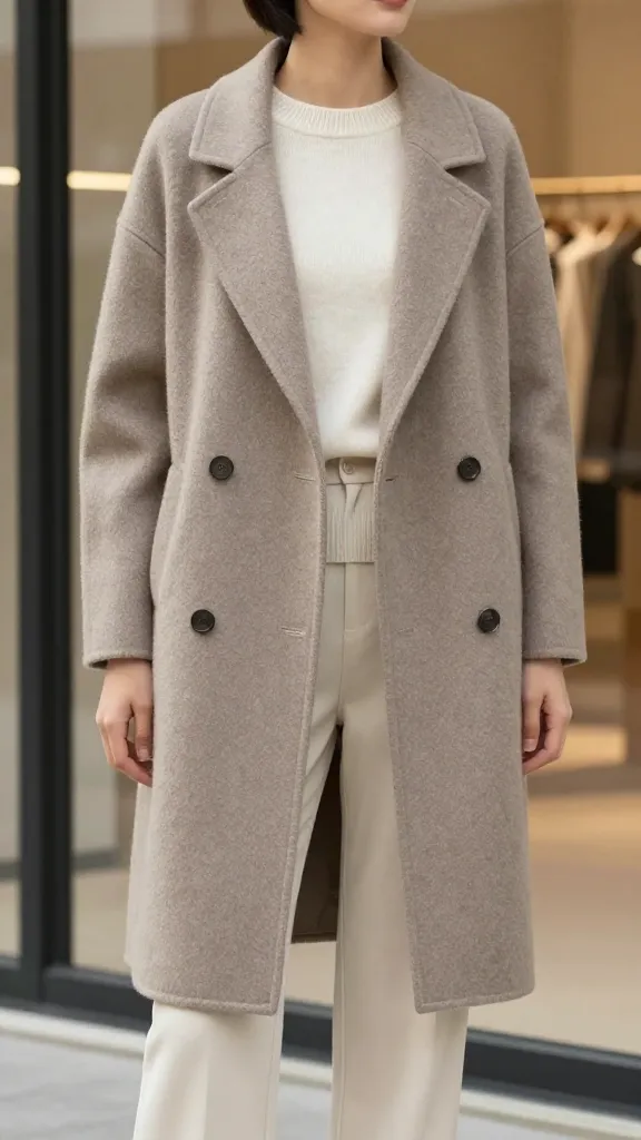 Minimalist chic: woman wearing a taupe wool wrap coat over a monochrome monochrome outfit (cream sweater, beige trousers), standing in front of a glass storefront with reflections and warm lighting.