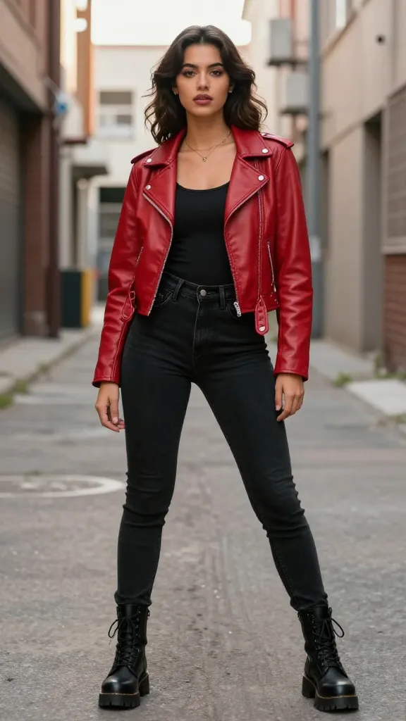 Edgy retro vibe: woman in a red leather jacket with black high-waisted jeans, combat boots, and a delicate gold necklace, posing in an industrial alley with soft afternoon sun.