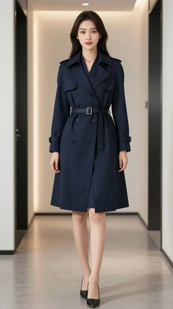 Polished office-ready: woman in a navy trench layered over a pinstripe dress, pointed-toe pumps, and a slim belt, posed in a modern hallway with clean lines and soft glow.