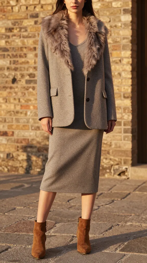 Textured layering: woman wearing a plush faux-fur collar over a structured wool blazer and slip dress, with suede ankle boots, posing in a golden hour courtyard with brick walls.