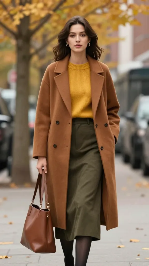 Autumn colorblock: woman in a caramel brown coat paired with a mustard sweater and olive midi skirt, leather tote, standing on a city sidewalk with amber leaves overhead.